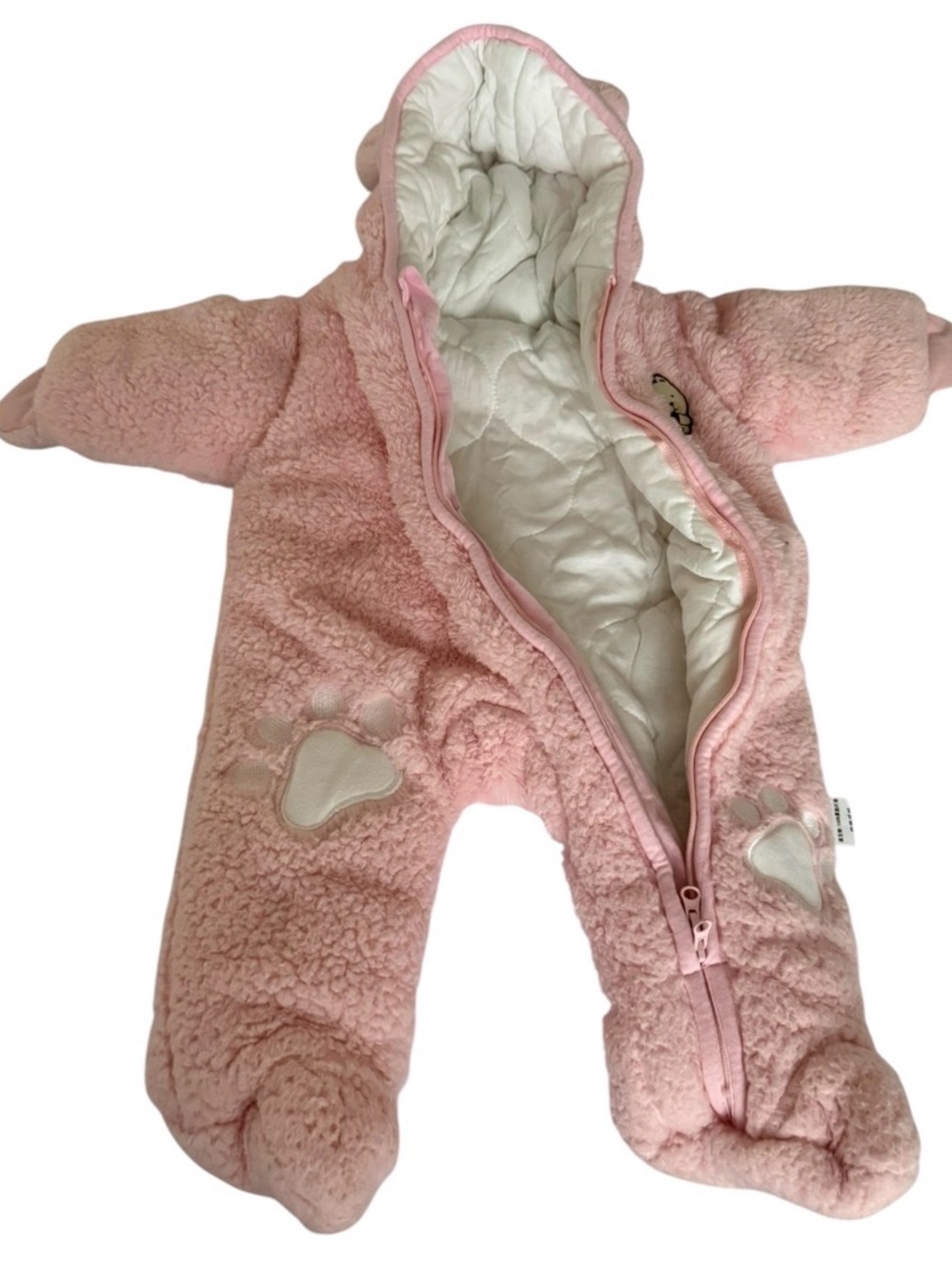 NWOT Pink Sherpa Baby Bear Hooded Snowsuit 0-3M Footed Bunting Cozy Winter - Picture 12 of 13